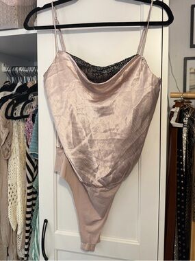 Lush Satin Lace-Trim one piece/ top in Pale Mauve and Black